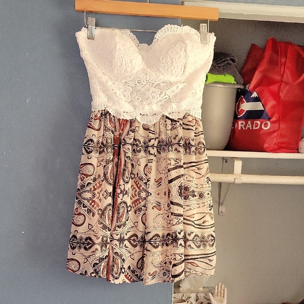 Papaya White and Brown Strapless Sundress